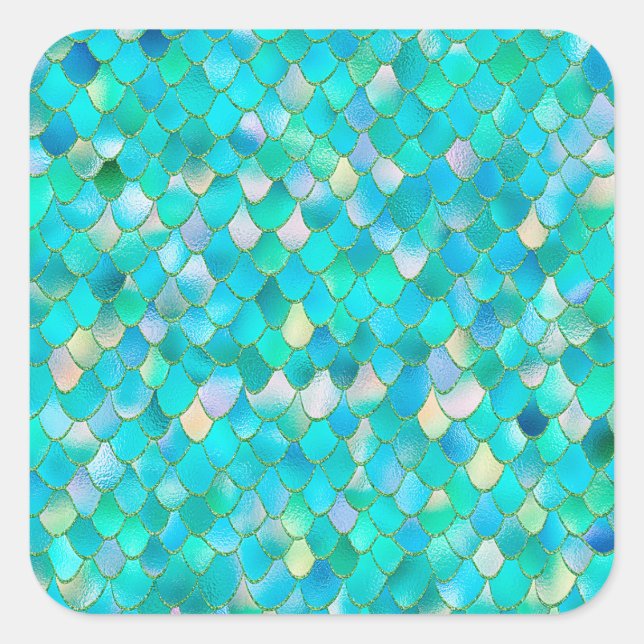 Wonky Watercolor Teal Glitter Metal Mermaid Scales Square Sticker (Front)