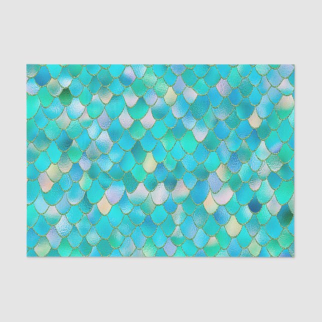 Wonky Watercolor Teal Glitter Metal Mermaid Scales Tissue Paper (Front)
