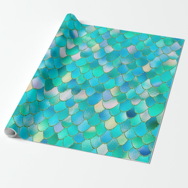 Wonky Watercolor Teal Glitter Metal Mermaid Scales Wrapping Paper (Unrolled)