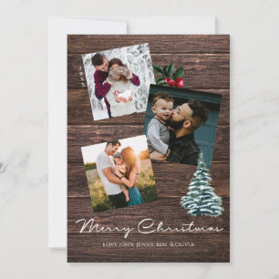 Wood 3 Photo Merry Christmas w/ Tree & Holly Berry Invitation