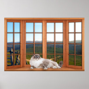 Wood 4 Pane Window Illusion with Cat on the Sill Poster