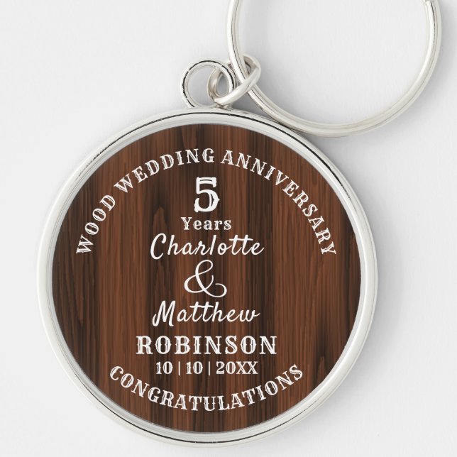 Wood 5th Anniversary Wedding Gift Personalized Key Ring (Front)