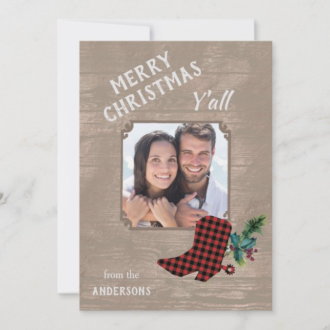 Wood and Boot Western Theme Christmas Holiday Card (Front)