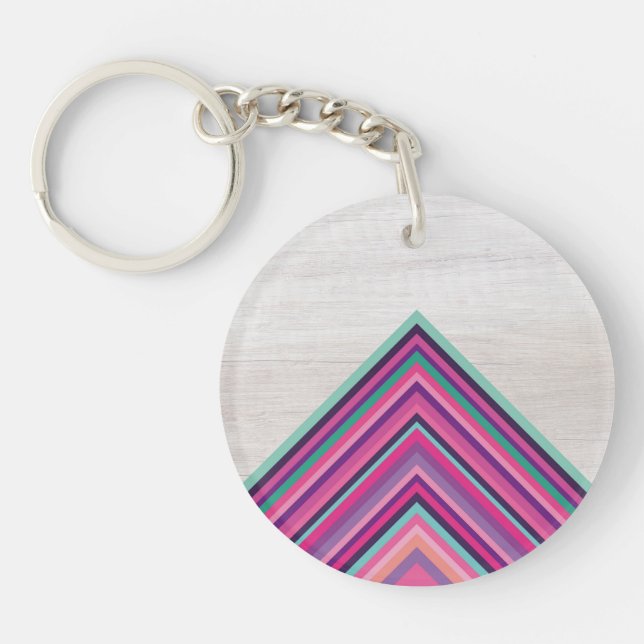 Wood and Bright Stripes, Geometric Bohemian Design Key Ring (Front)