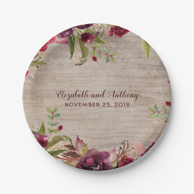 Wood and Burgundy Flowers Rustic Wedding Paper Plate (Front)