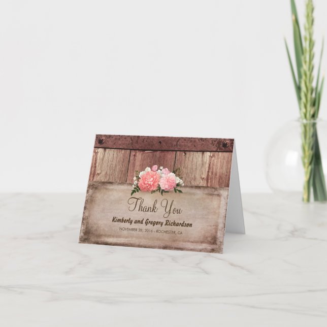 Wood and Burlap Rustic Floral Wedding Thank You (Front)