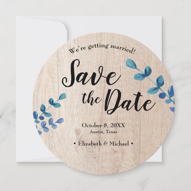 Wood and Eucalyptus Engagement photo Save the date Invitation (Front)