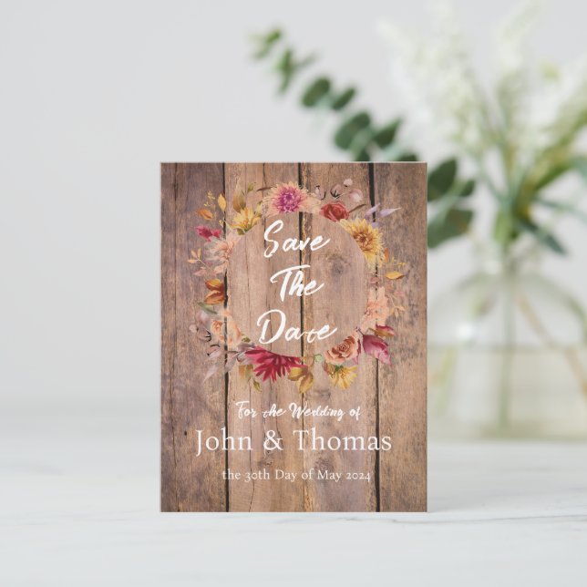 Wood and Fall Flowers Save the Date Postcard (Standing Front)
