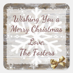 Wood and Gold Bow Snowflakes Christmas Square Sticker