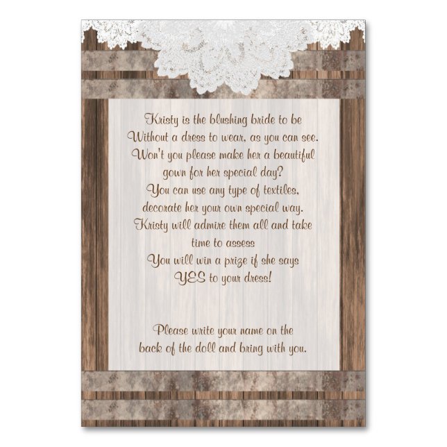 Wood and Lace Design Table Number (Front)