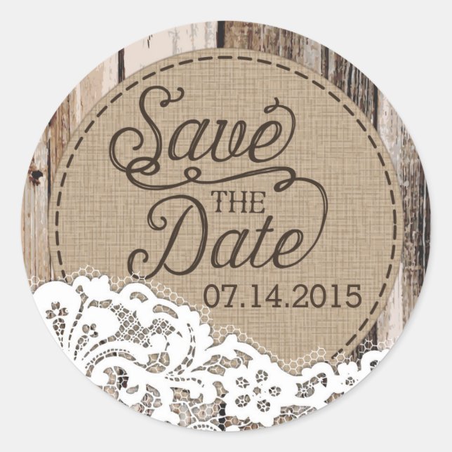 Wood and Lace Rustic Save the Date Label (Front)