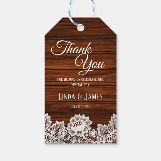 Wood and Lace Rustic Wedding Thank You Tag (Front)