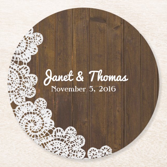 Wood and Lace Wedding Paper Coasters (Front)