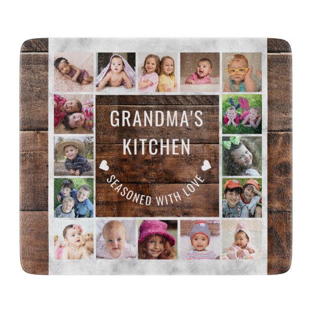 Wood And Marble 16 Photo Collage Grandma’s Kitchen Cutting Board (Front)