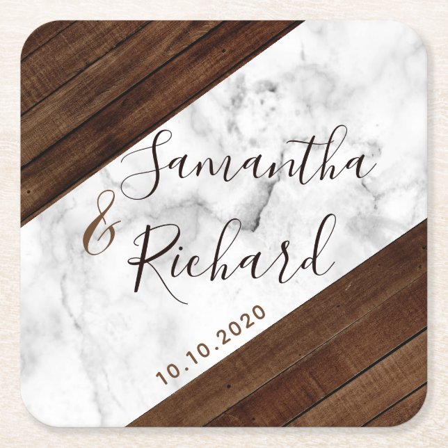 Wood And Marble Wedding Square Paper Coaster (Front)