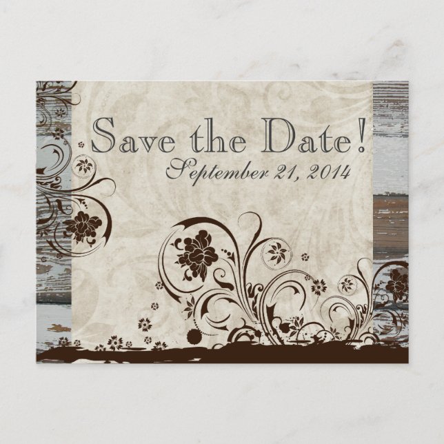 Wood and Parchment Swirl save the date Announcement Postcard (Front)