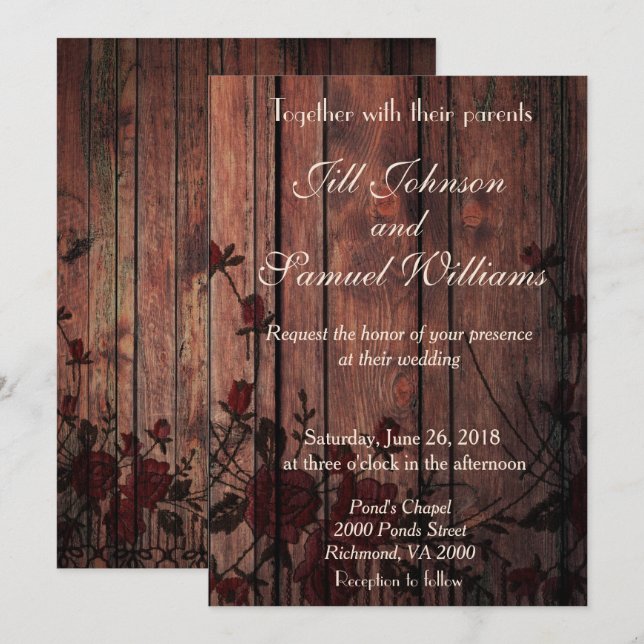 Wood and Red Faux Lace Wedding Invitation (Front/Back)