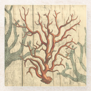 Wood and Small Coral Glass Coaster
