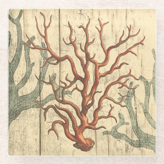 Wood and Small Coral Glass Coaster (Front)