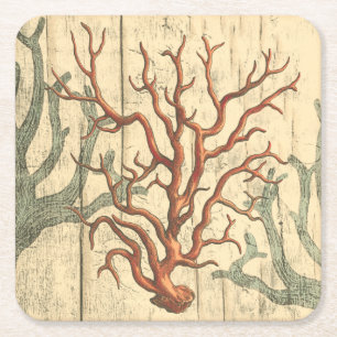 Wood and Small Coral Square Paper Coaster