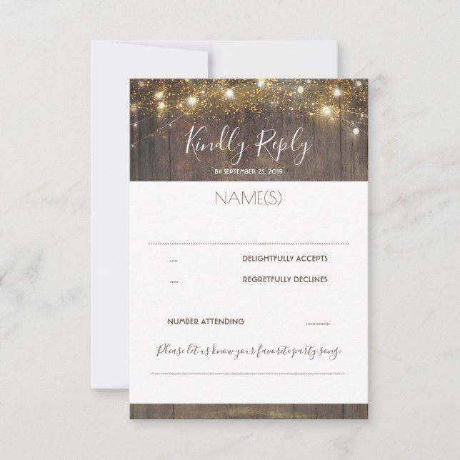 Wood and String Lights Rustic Wedding RSVP Card (Front)
