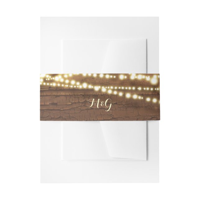 Wood and String Lights Wedding Invitation Belly Band (Front Example)