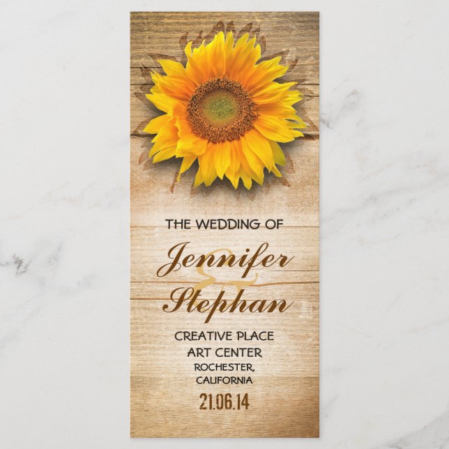 Wood and sunflower blossom wedding programs programme (Front)