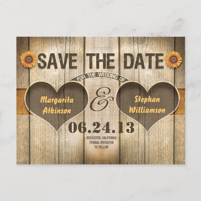 wood and sunflowers save the date invitations (Front)