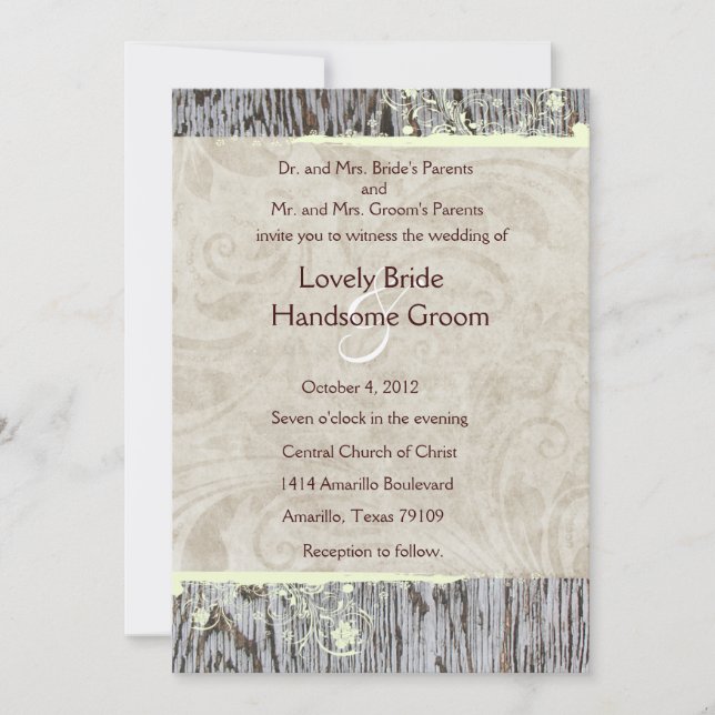 Wood and Vintage Shabby Chic Wedding Invitation (Front)