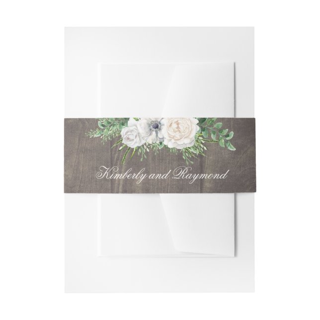 Wood and White Flowers Rustic Invitation Belly Band (Front Example)