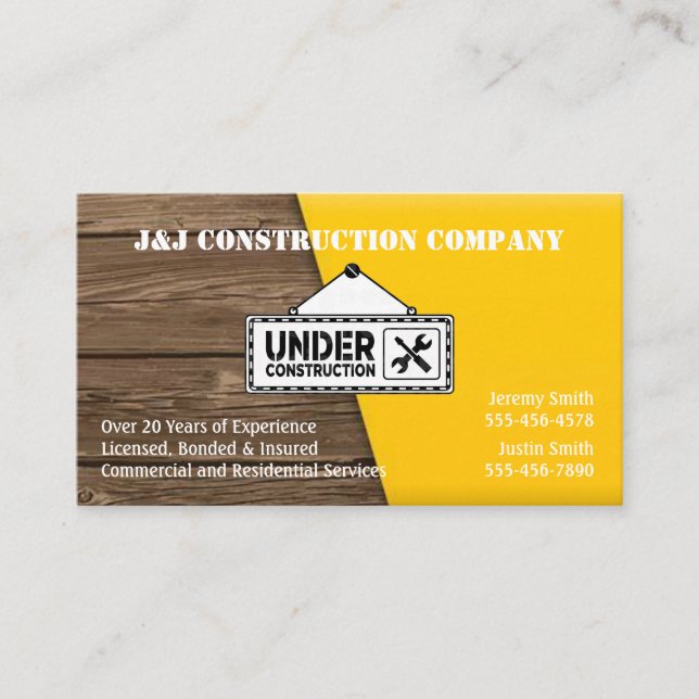 Wood and Yellow Construction  Business Card (Front)