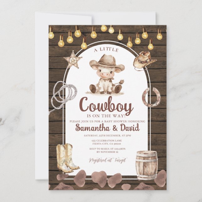 Wood Arch Cowboy is on the Way Baby Shower  Invitation (Front)