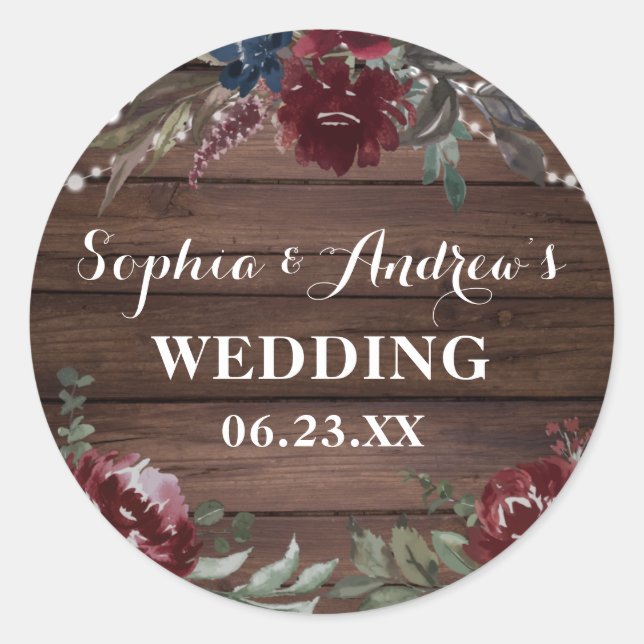Wood Background Marsala Navy Flower Rustic Wedding Classic Round Sticker (Front)