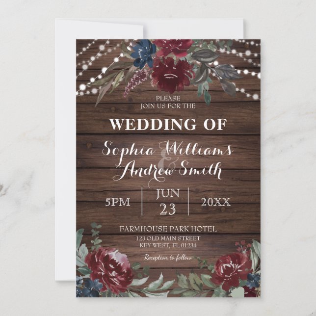 Wood Background Marsala Navy Flower Rustic Wedding Invitation (Front)