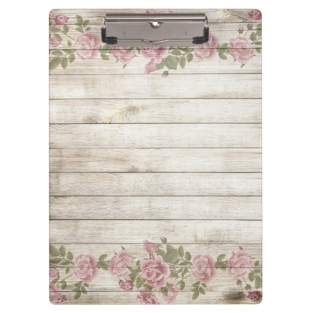 Wood background Modern Elegant Vintage Roses Pink Clipboard (Front)