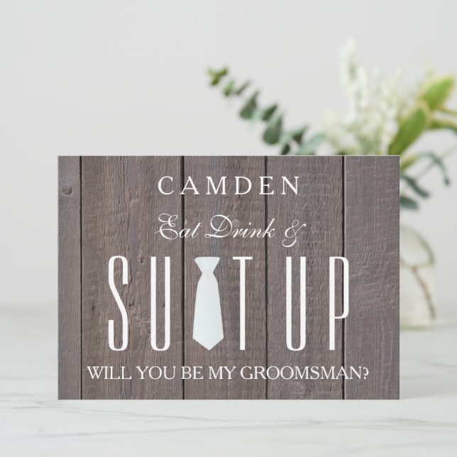 Wood Background Suitup Will you be my groomsman In Invitation (Standing Front)