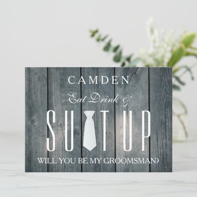 Wood Background Suitup Will you be my groomsman In Invitation (Standing Front)