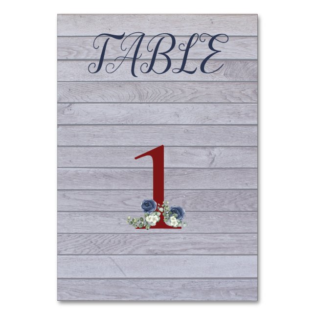 Wood Background with Blue and White Flowers Table Number (Front)