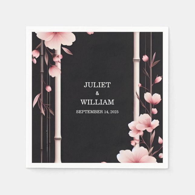 Wood Bamboo Pink Sakura Cherry Blossom Wedding Napkin (Front)
