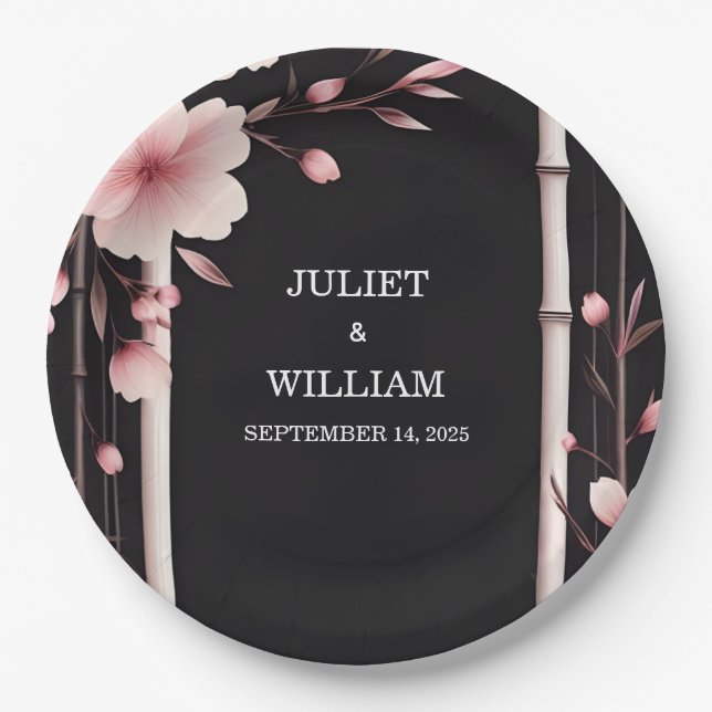 Wood Bamboo Pink Sakura Cherry Blossom Wedding Paper Plate (Front)