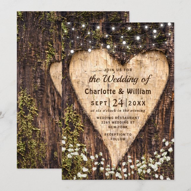 Wood Bark Baby Breath Heart Rustic Wedding Invitation (Front/Back)