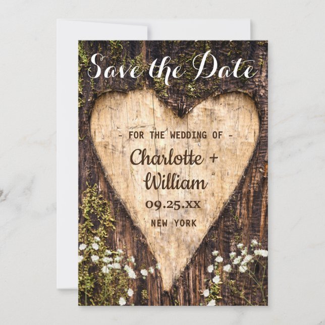 Wood Bark Baby Breath Heart Rustic Wedding Save The Date (Front)