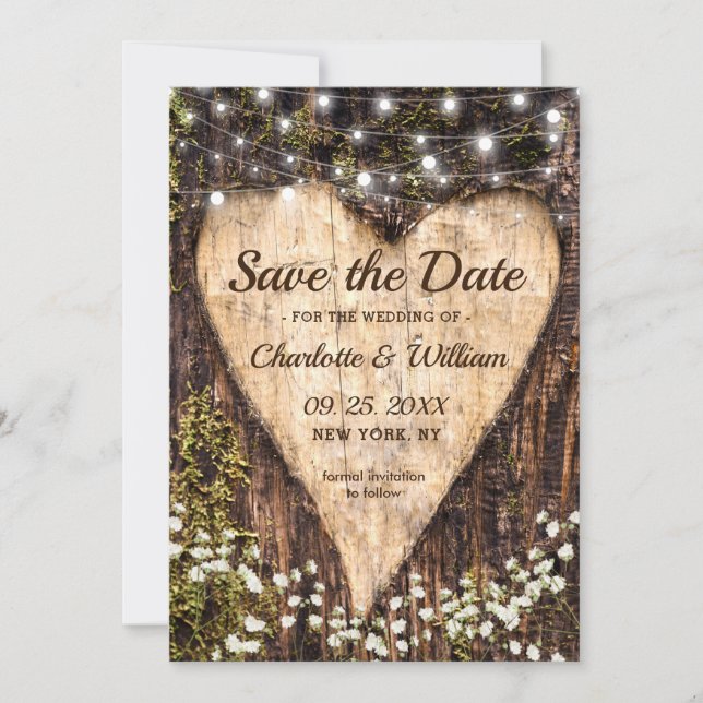Wood Bark Baby Breath Heart Rustic Wedding Save The Date (Front)