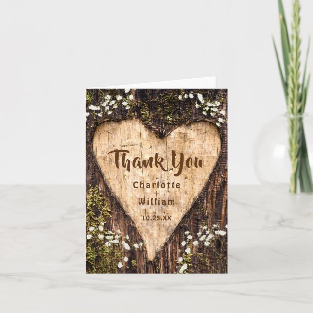 Wood Bark Baby Breath Heart Rustic Wedding Thank You Card (Front)