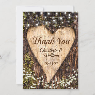 Wood Bark Baby Breath Heart Rustic Wedding Thank You Card
