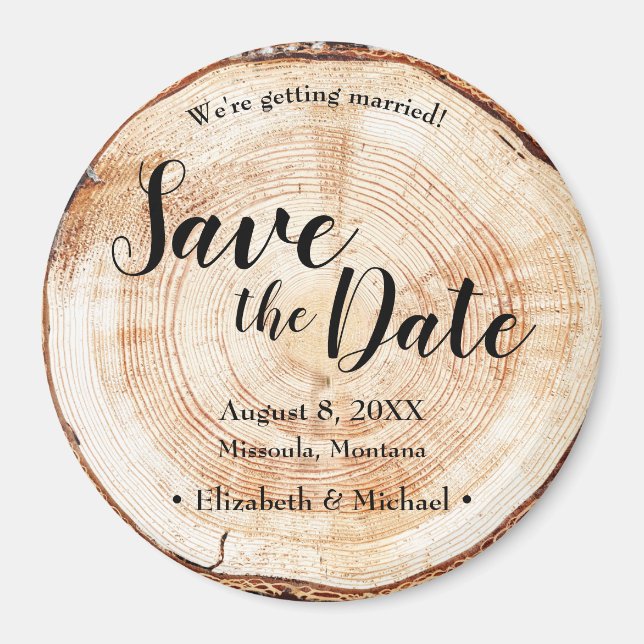 Wood Bark Disc Rustic Wedding Save the Date  Magnet (Front)