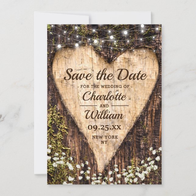 Wood Bark Heart Baby Breath Wedding Save The Date (Front)