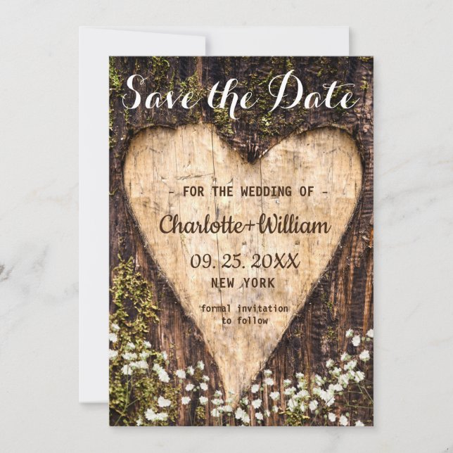 Wood Bark Heart Baby Breath Wedding Save The Date (Front)