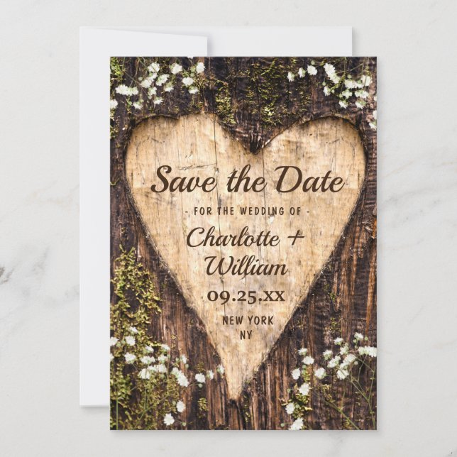 Wood Bark Heart Baby Breath Wedding Save The Date (Front)