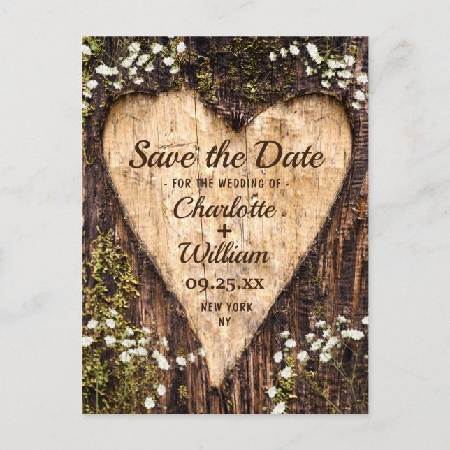 Wood Bark Heart Baby Breath Wedding Save The Date Postcard (Front)